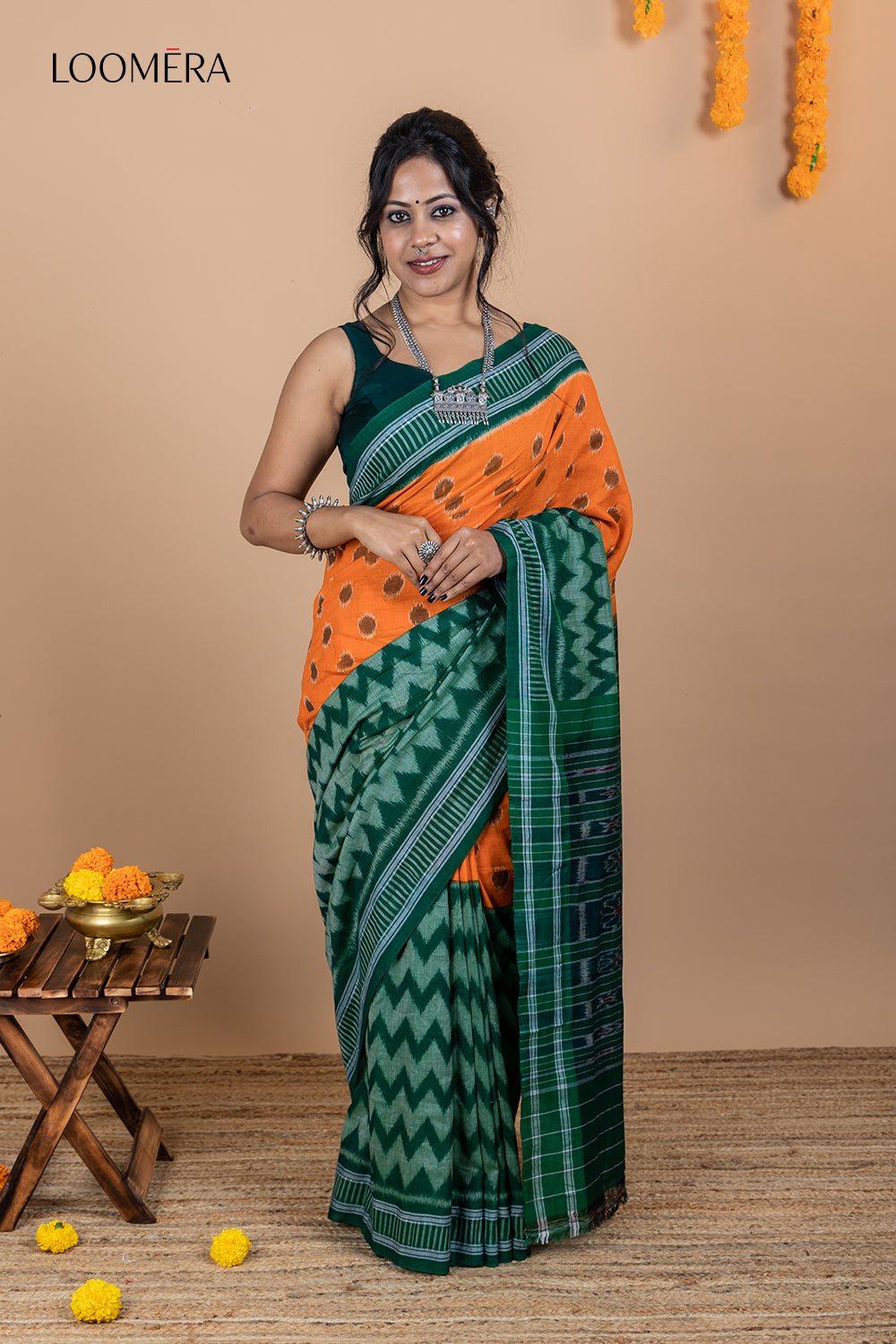 Green and Orange Ikat Cotton Saree