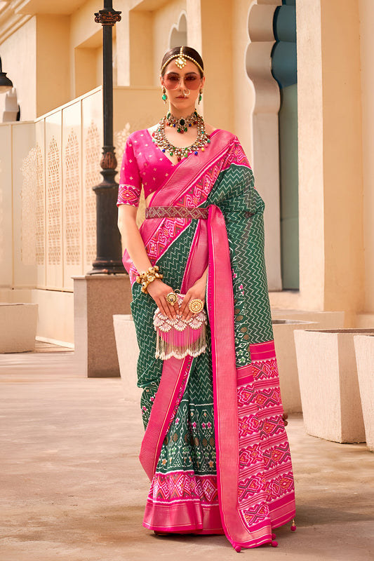 Green and Pink Printed Patola Saree with Zari Work