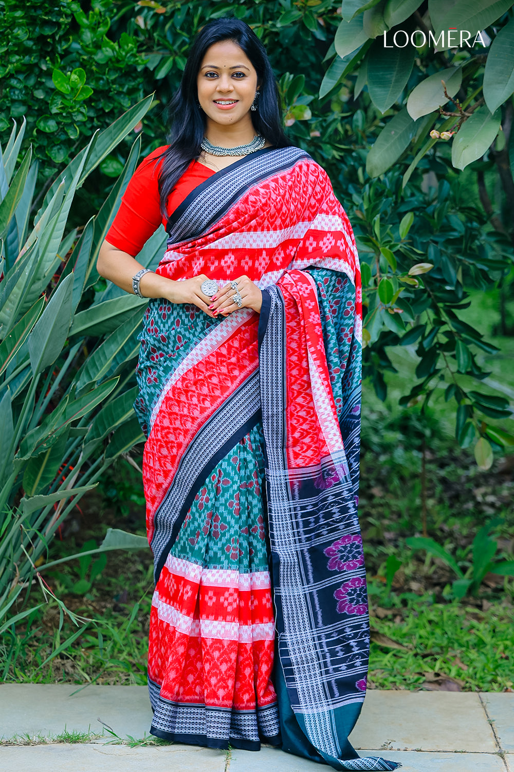 Green and Red Ikat Saree