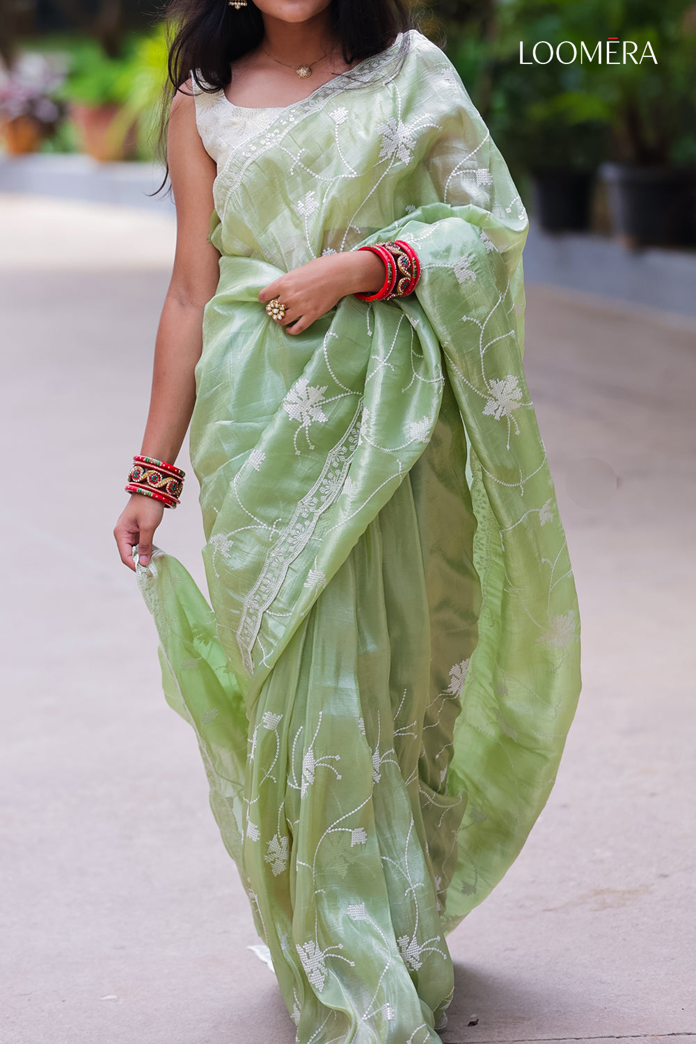 Green Crushed Tissue Saree