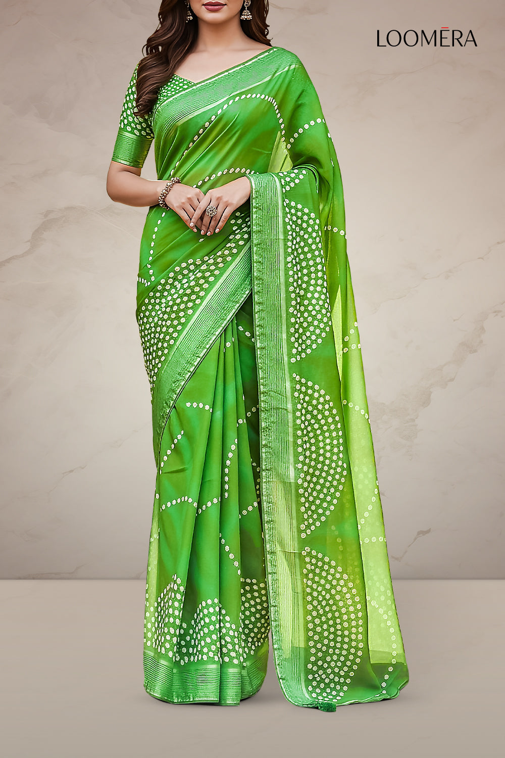 Green Georgette Saree with Bandhani Prints
