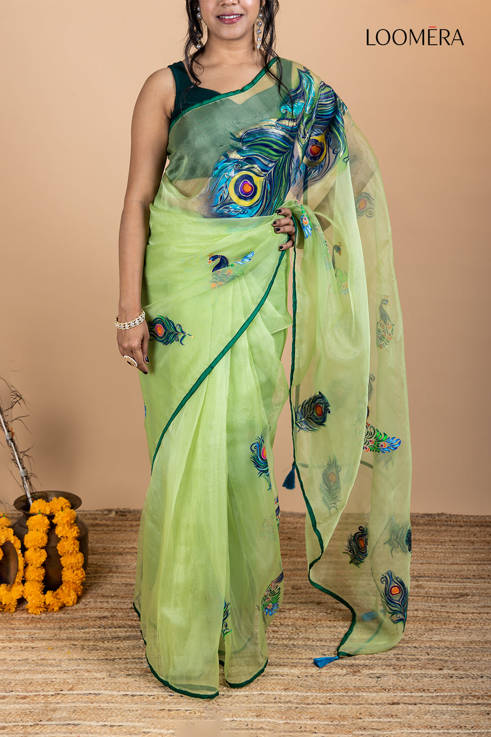 Green Handpainted Organza Saree