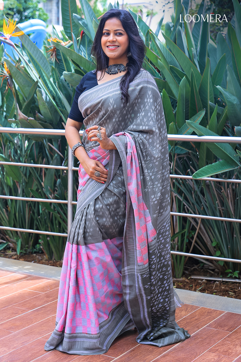  Grey and Pink Cotton Saree