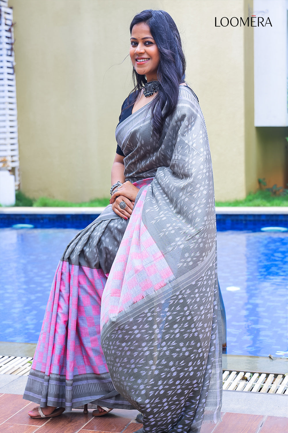  Grey and Pink Handloom Ikat Saree