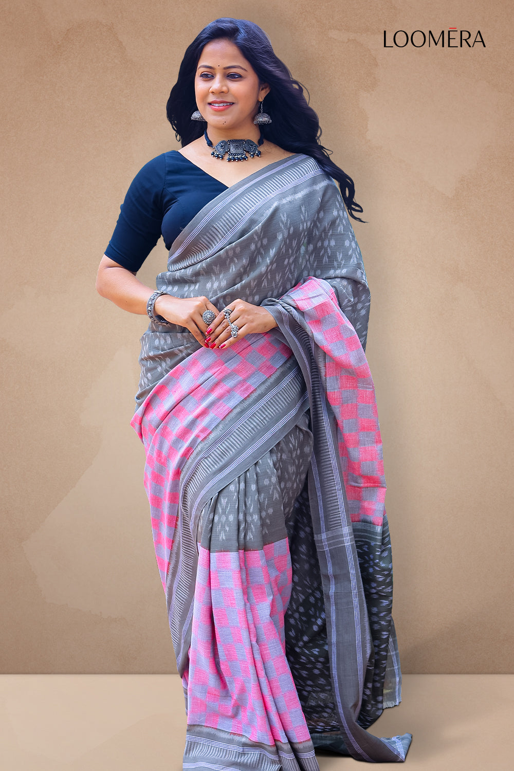 Grey and Pink Ikkat Saree
