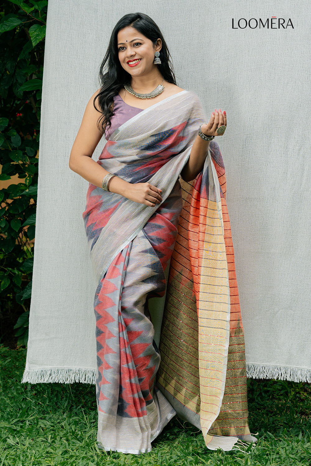 Grey Linen Saree with Ikat Prints