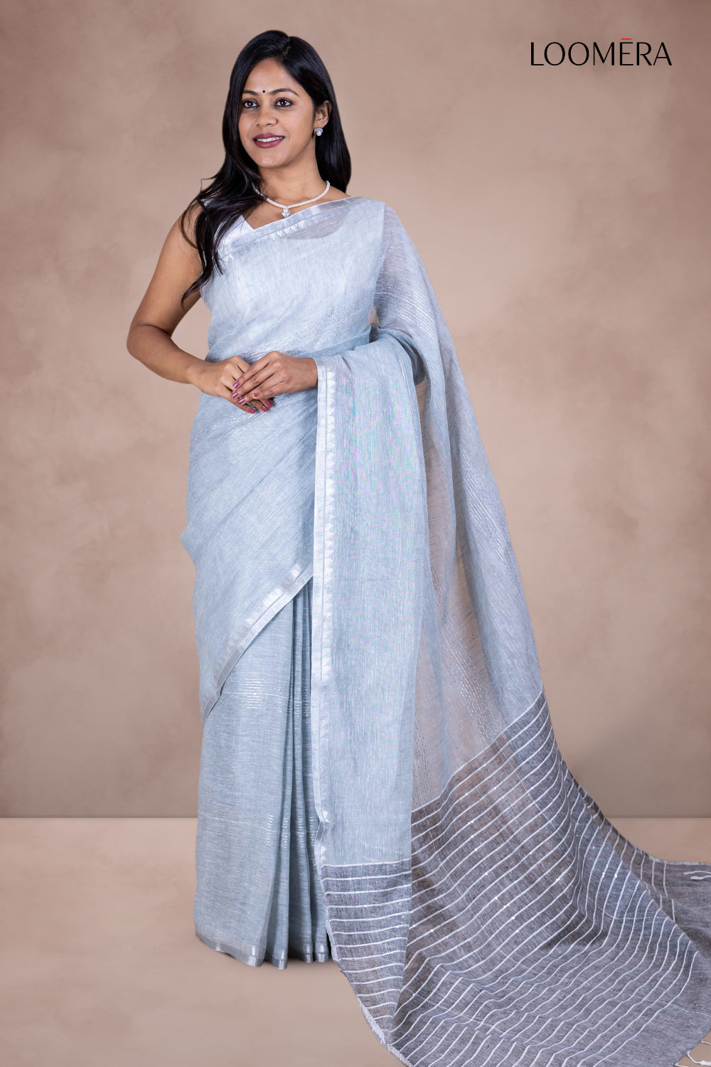 Grey Linen Saree with Zari Border