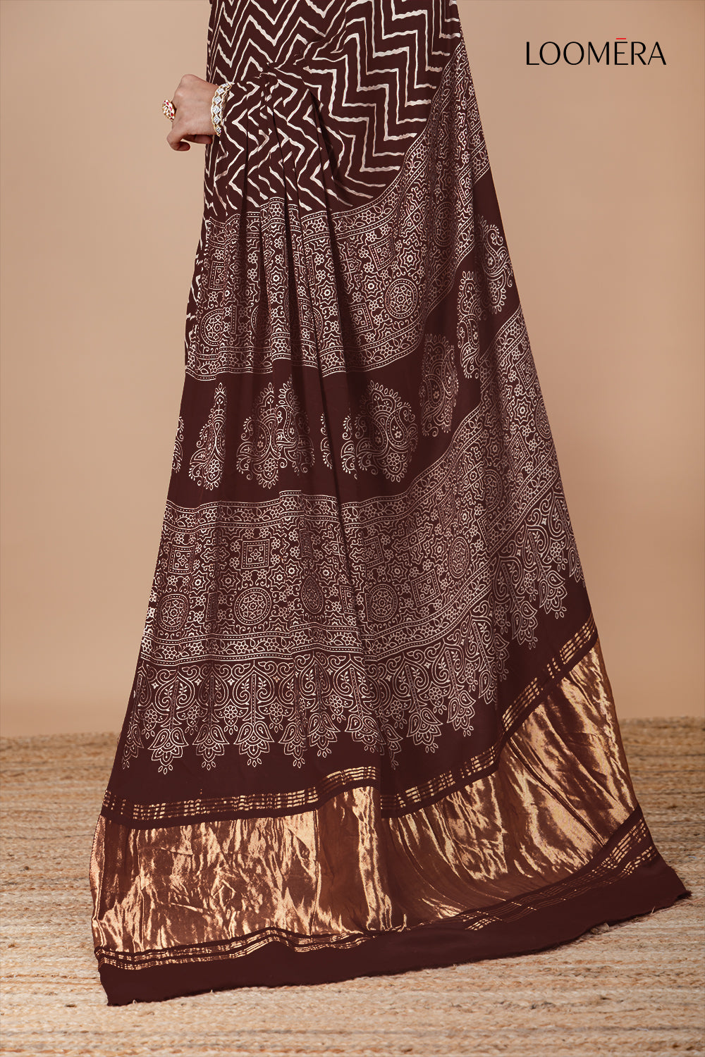 Hand Block Print Brown Ajrakh Saree