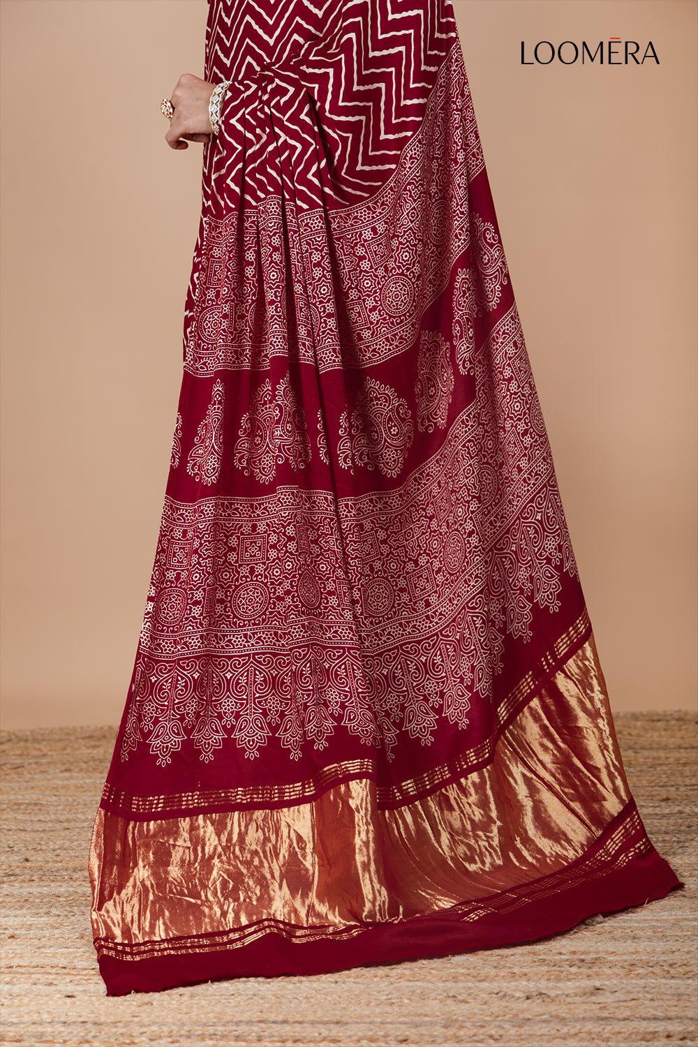 Hand Block Print Maroon Ajrakh Saree