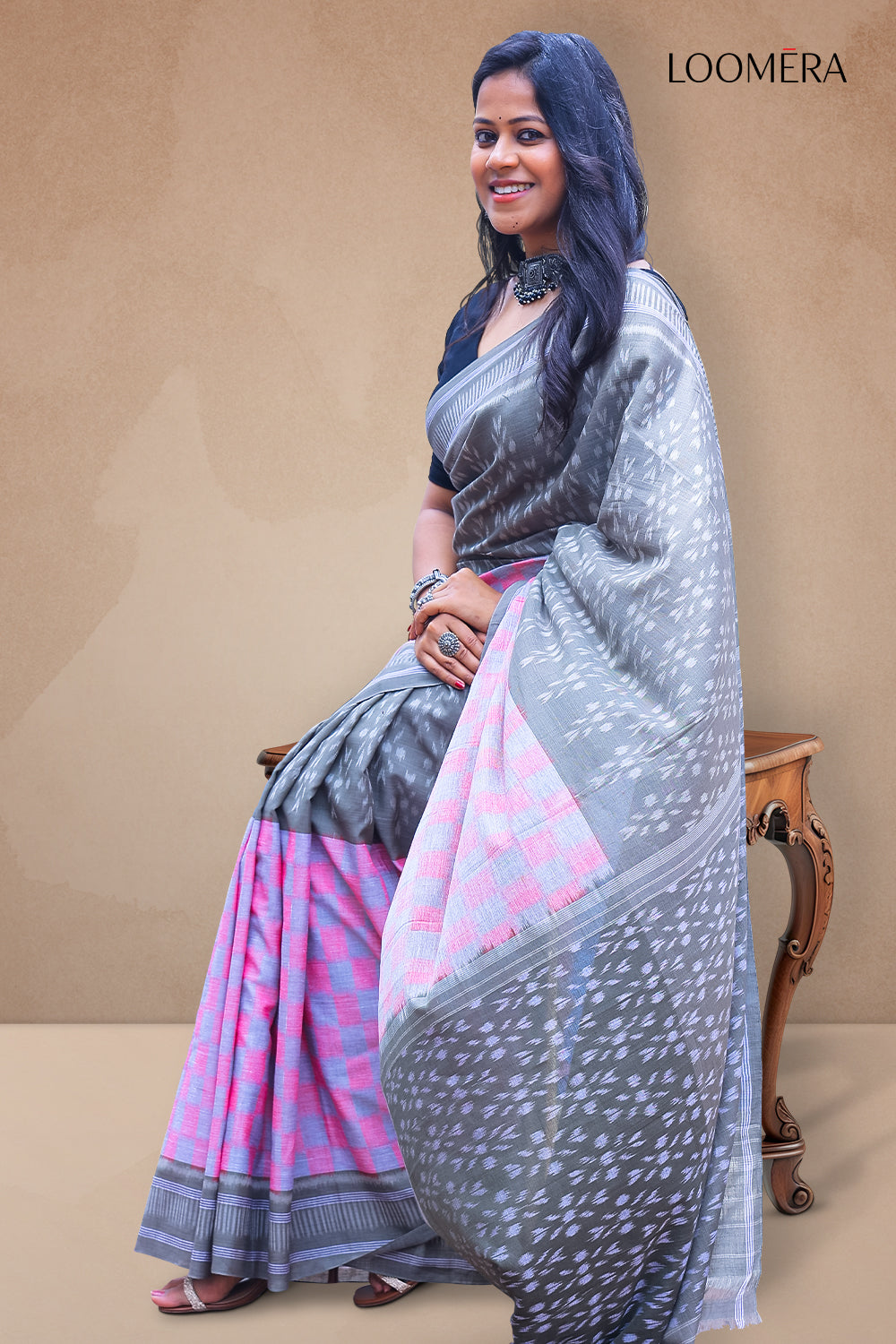 Handloom Ikat Saree Grey and Pink 