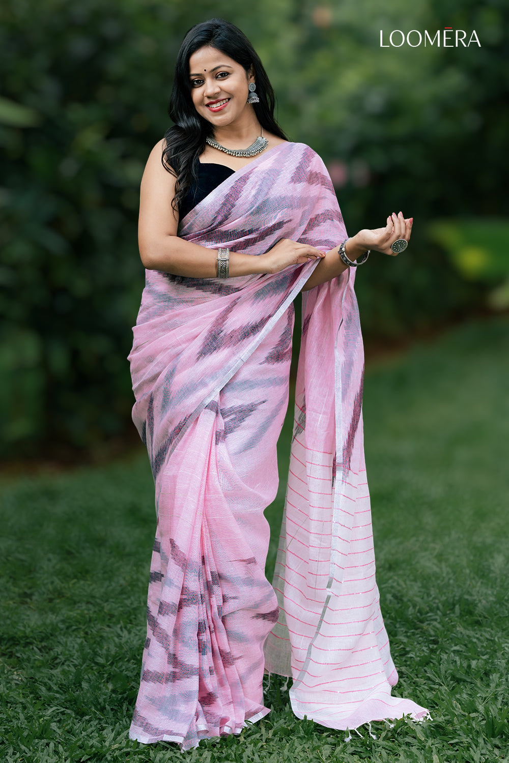 Ikat Print Light Pink Saree