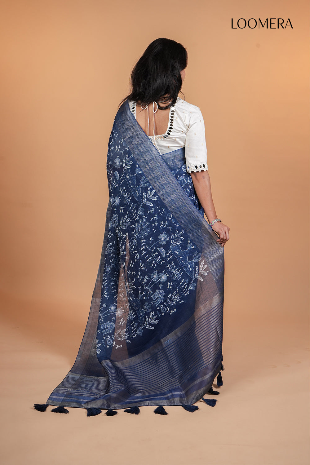 Indigo Blue Cotton Printed Saree with Readymade Blouse