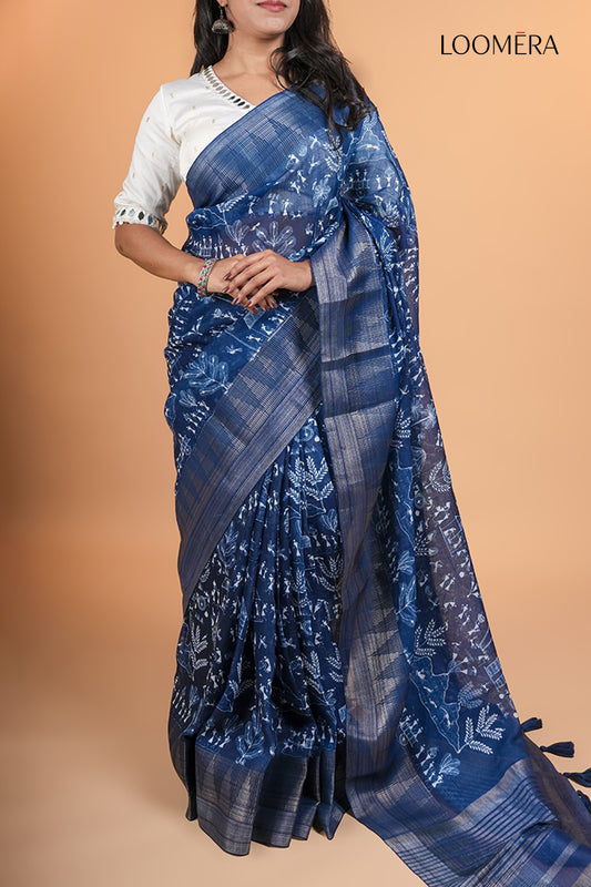 Indigo Blue Cotton Printed Saree