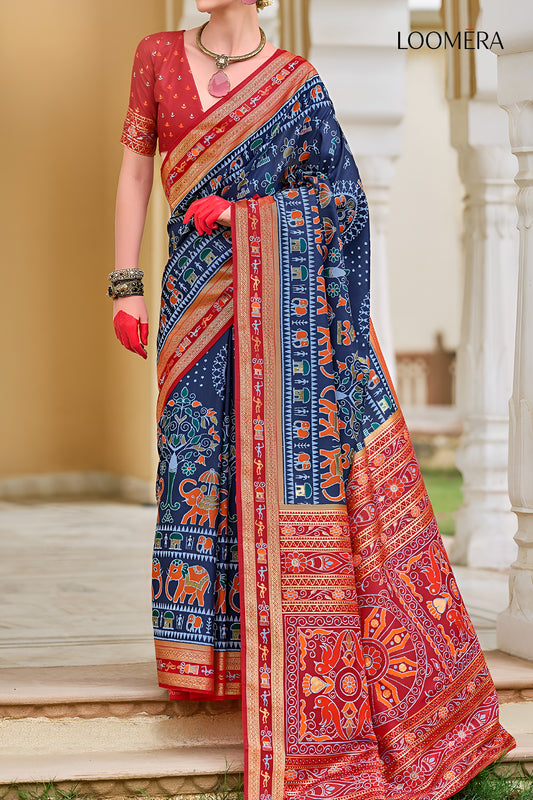 Indigo Blue Viscose Silk Saree with Foil Print