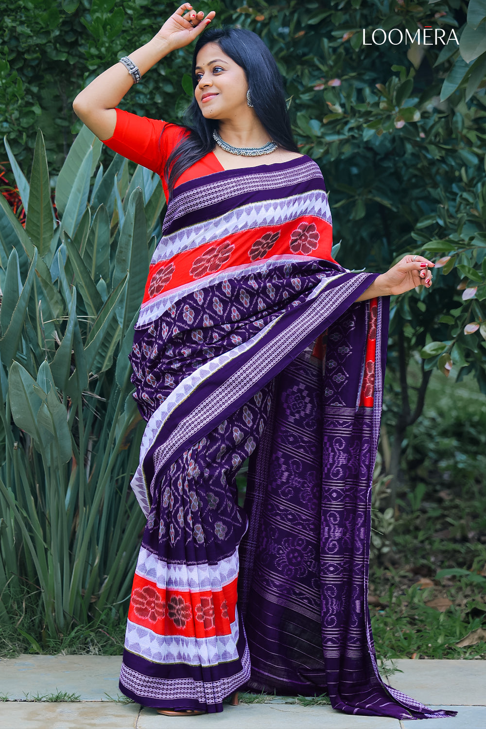 Ink Blue and Red Cotton Saree