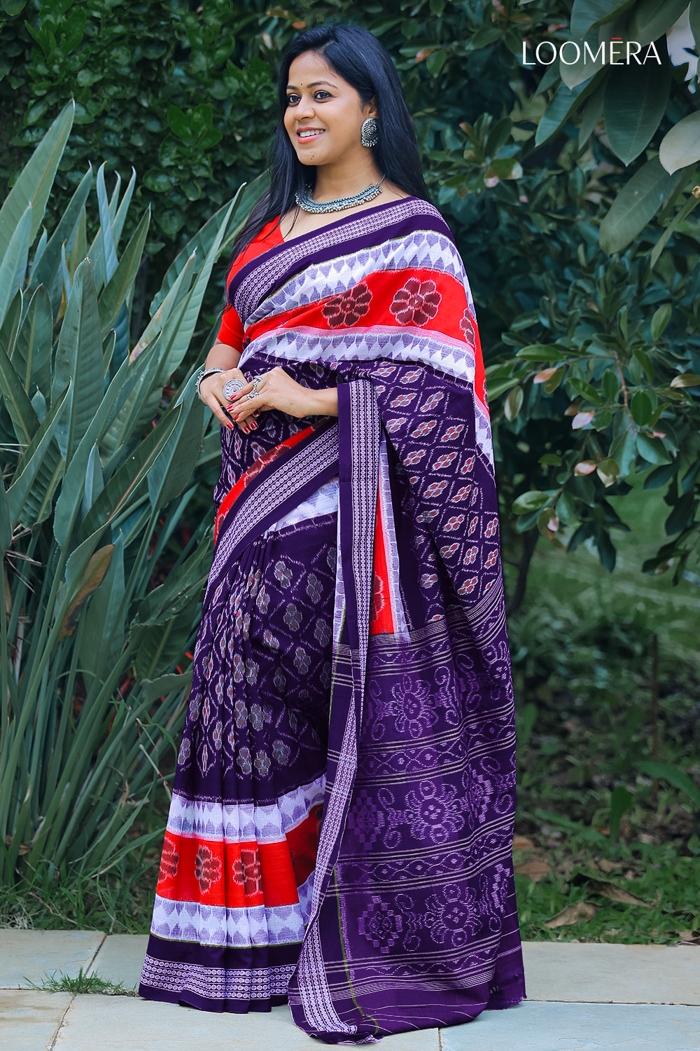 Ink Blue and Red Ikat Cotton Saree