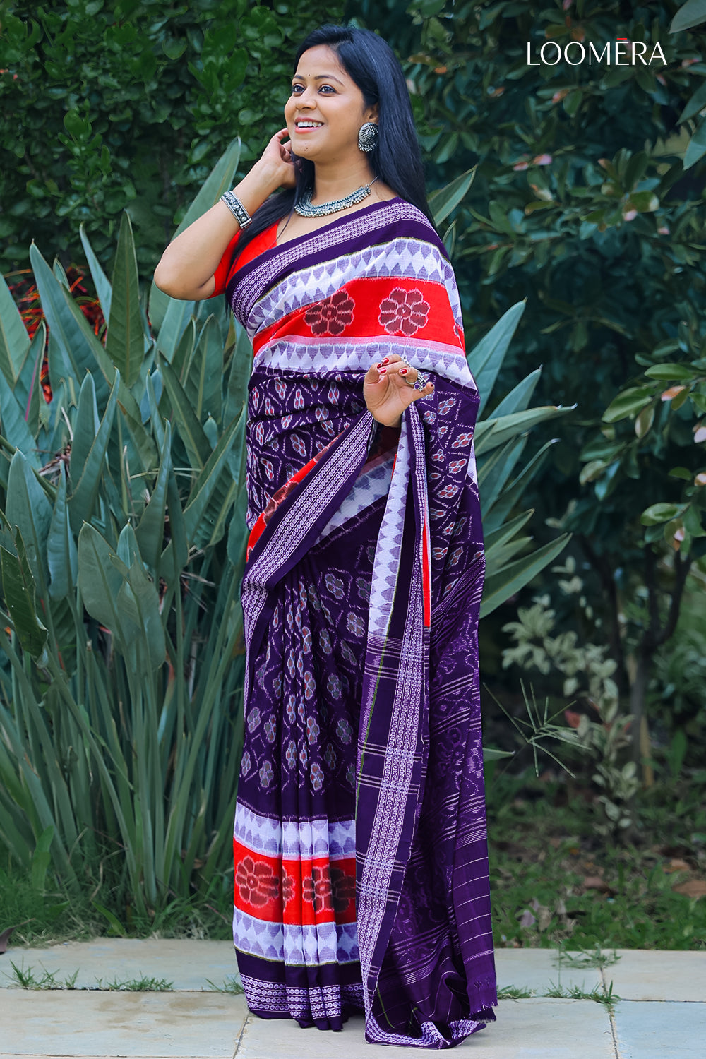 Ink Blue and Red Ikat Saree