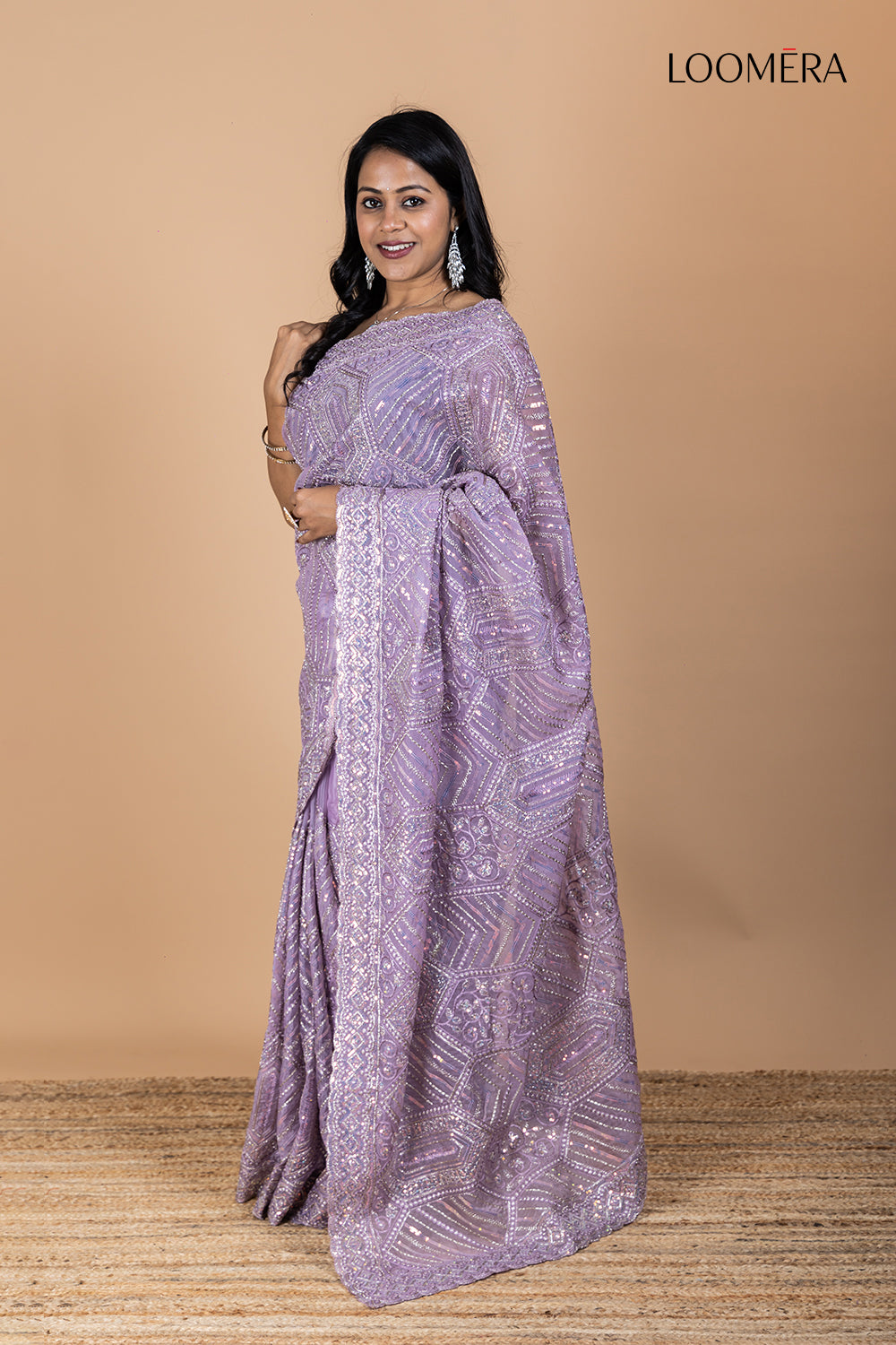 Lavender Organza Saree with Thread Work