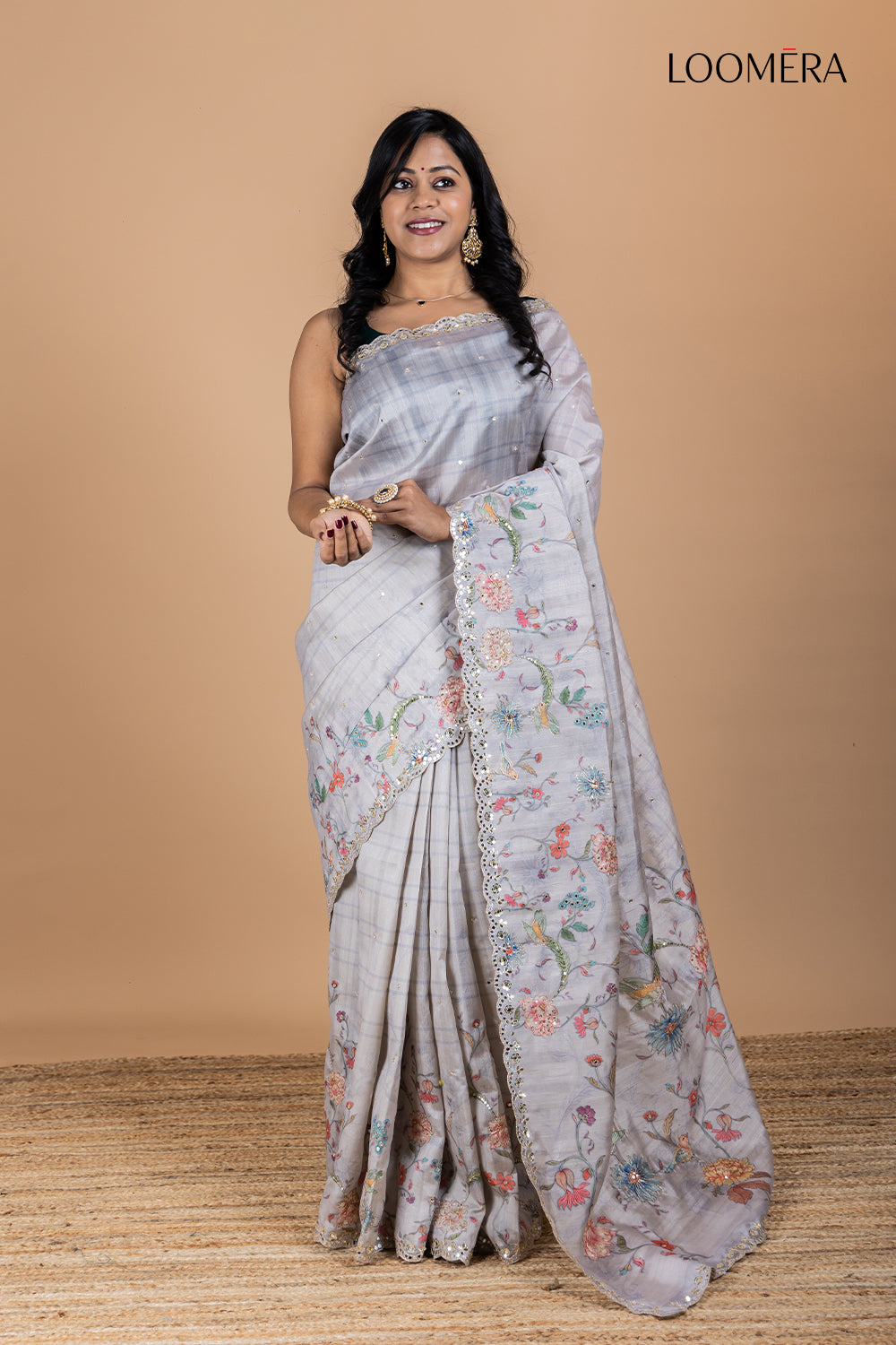 Lavender Tussar Silk Saree with Mirror Work