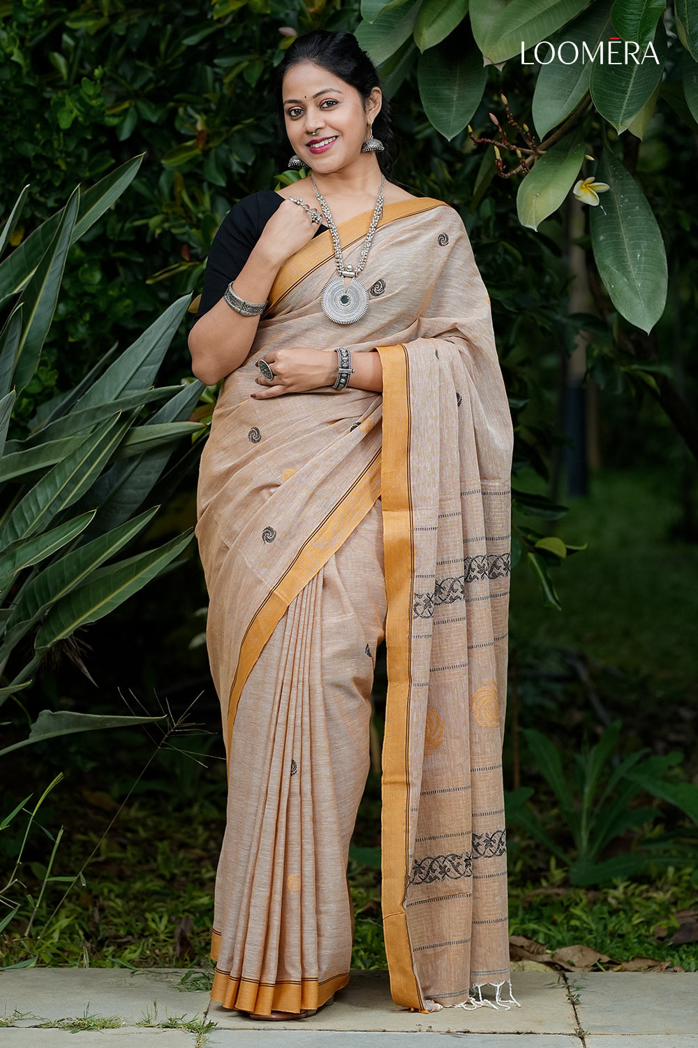 Light Peach Yellow Border Saree