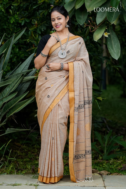Light Peach Yellow Border Saree