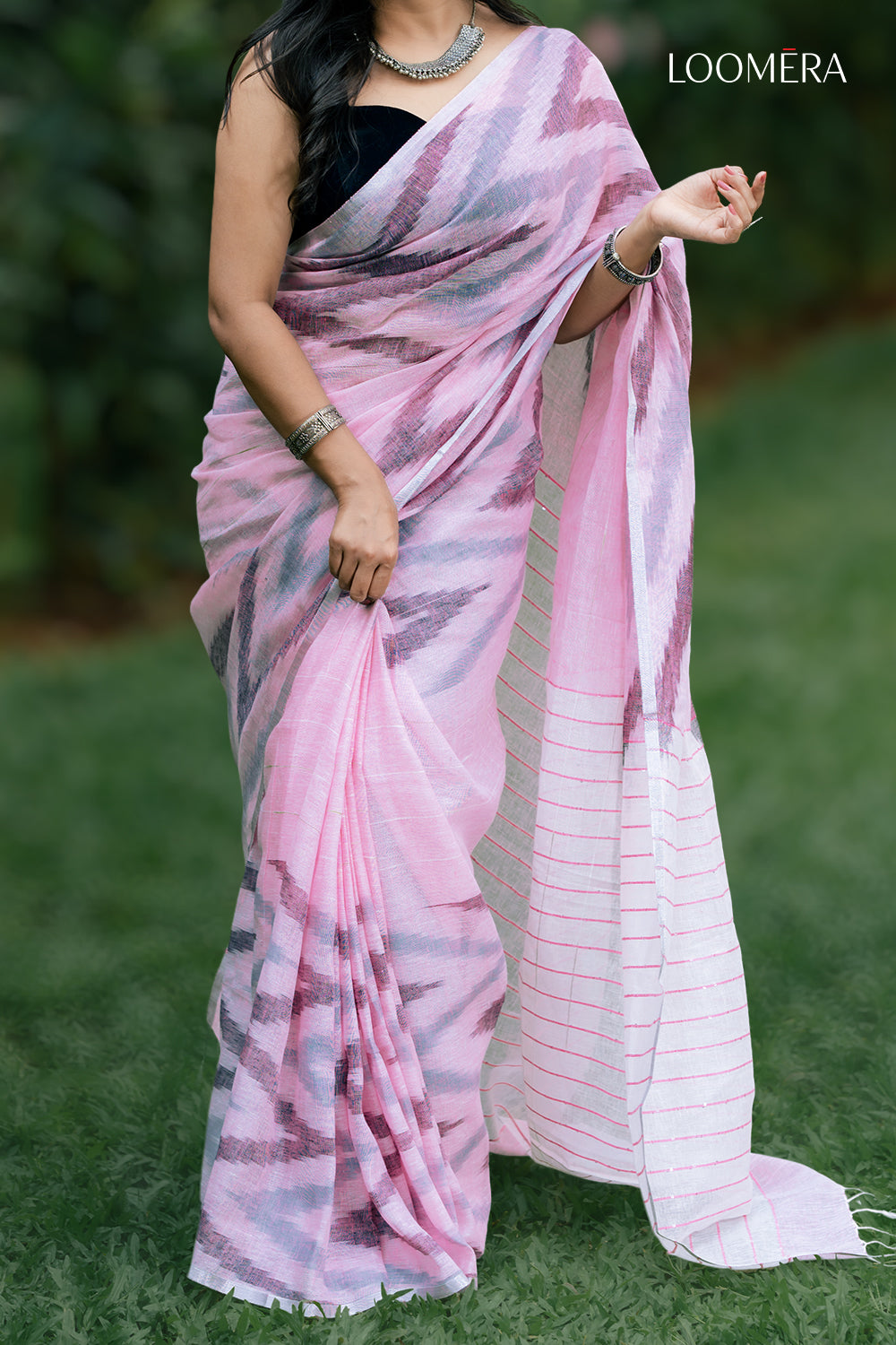 Light Pink Linen Ikat Saree