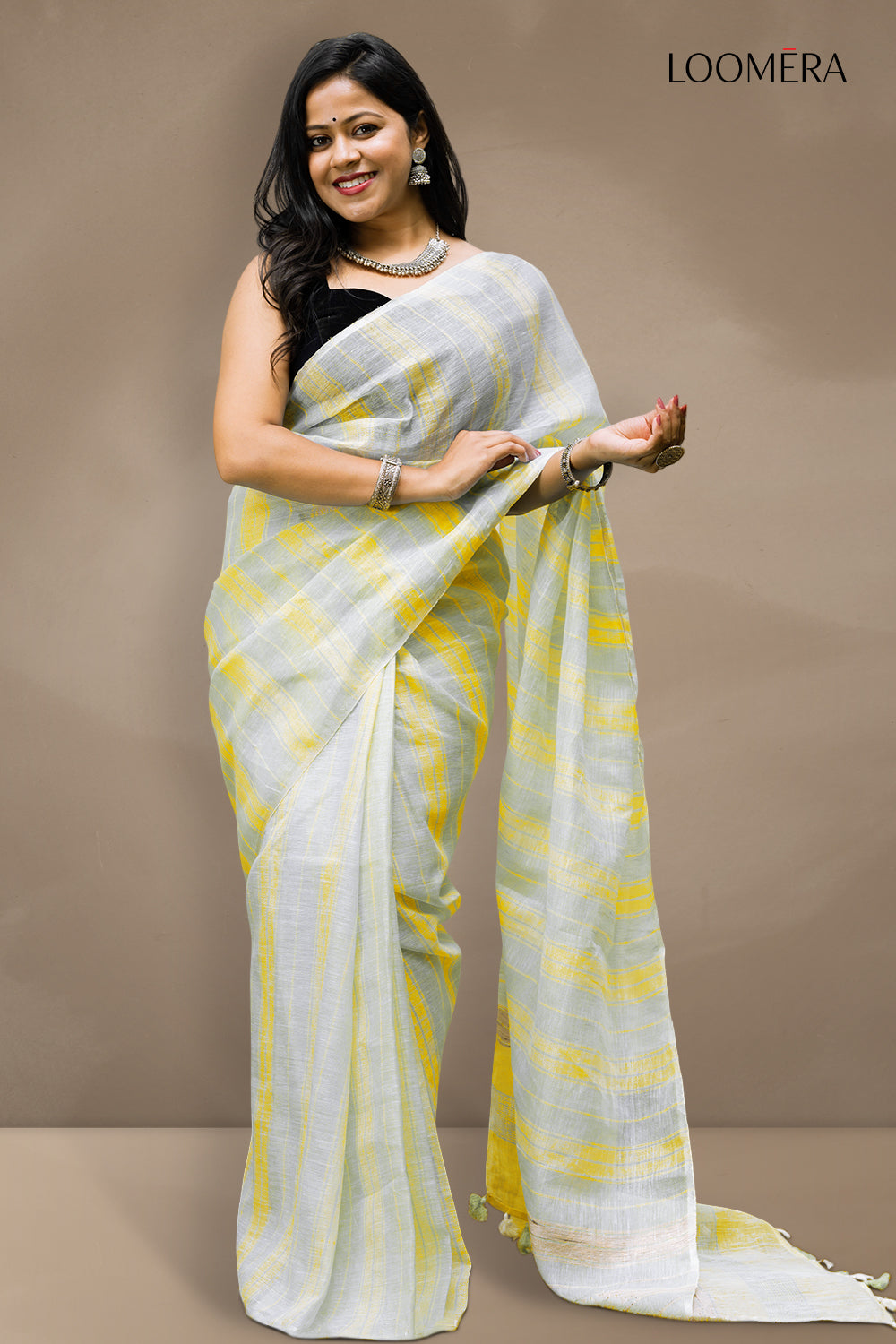 Light Sage and Yellow Linen Saree