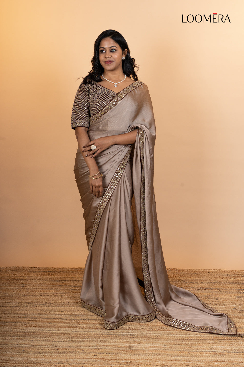 Light Taupe Satin Chiffon Saree