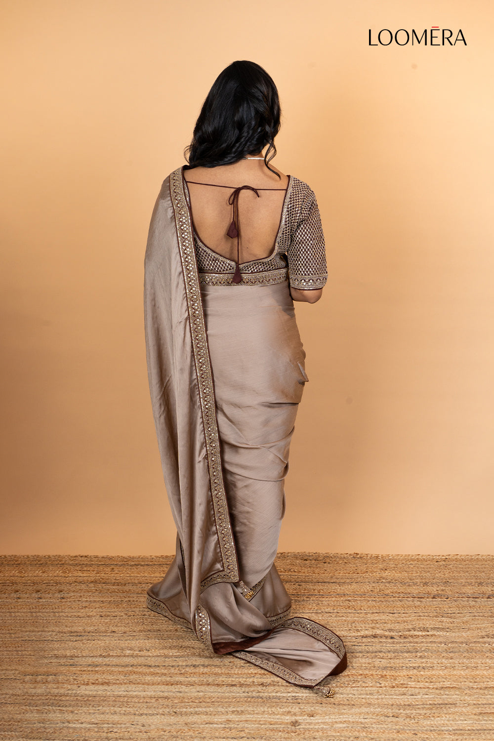 Light Taupe Satin Chiffon Saree with Embroidered Border