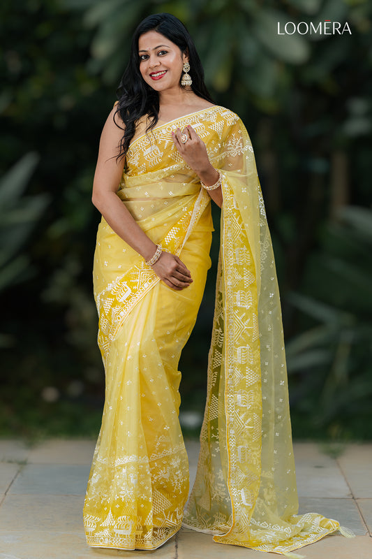 Light Yellow Organza Saree With Embroidery