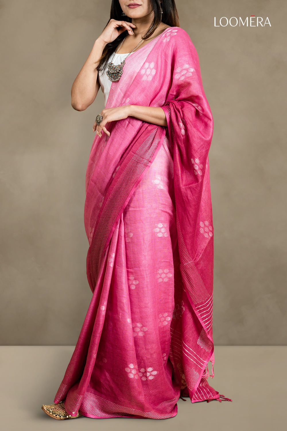 Linen Saree Cerise Pink