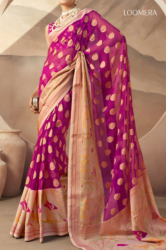 Magenta Pink Georgette Saree With Jacquard Butta Design
