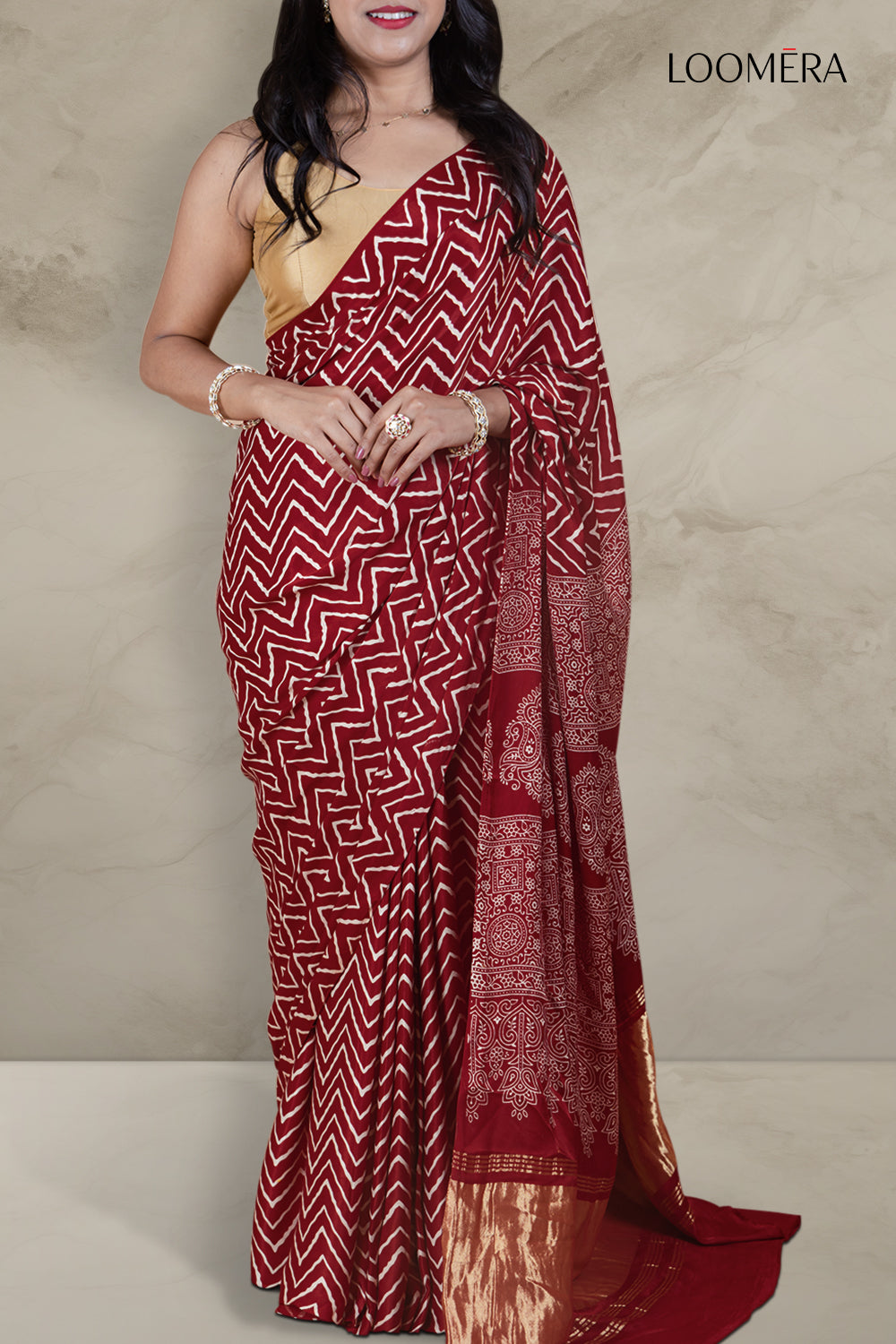 Maroon Ajrakh Block Print Saree