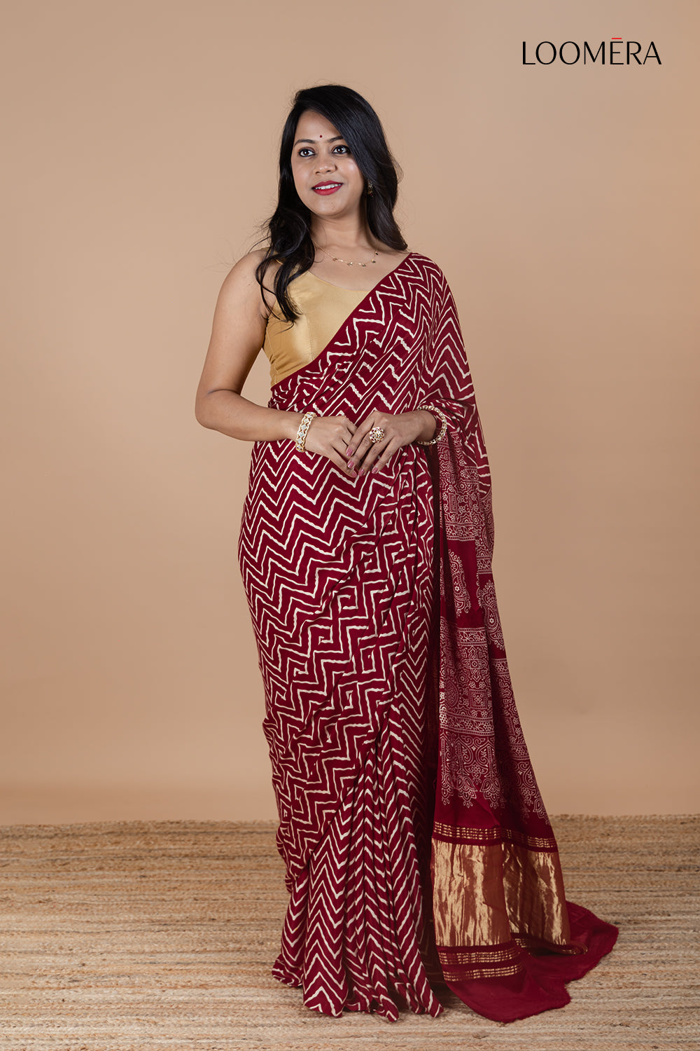 Maroon Ajrakh Modal Silk Saree