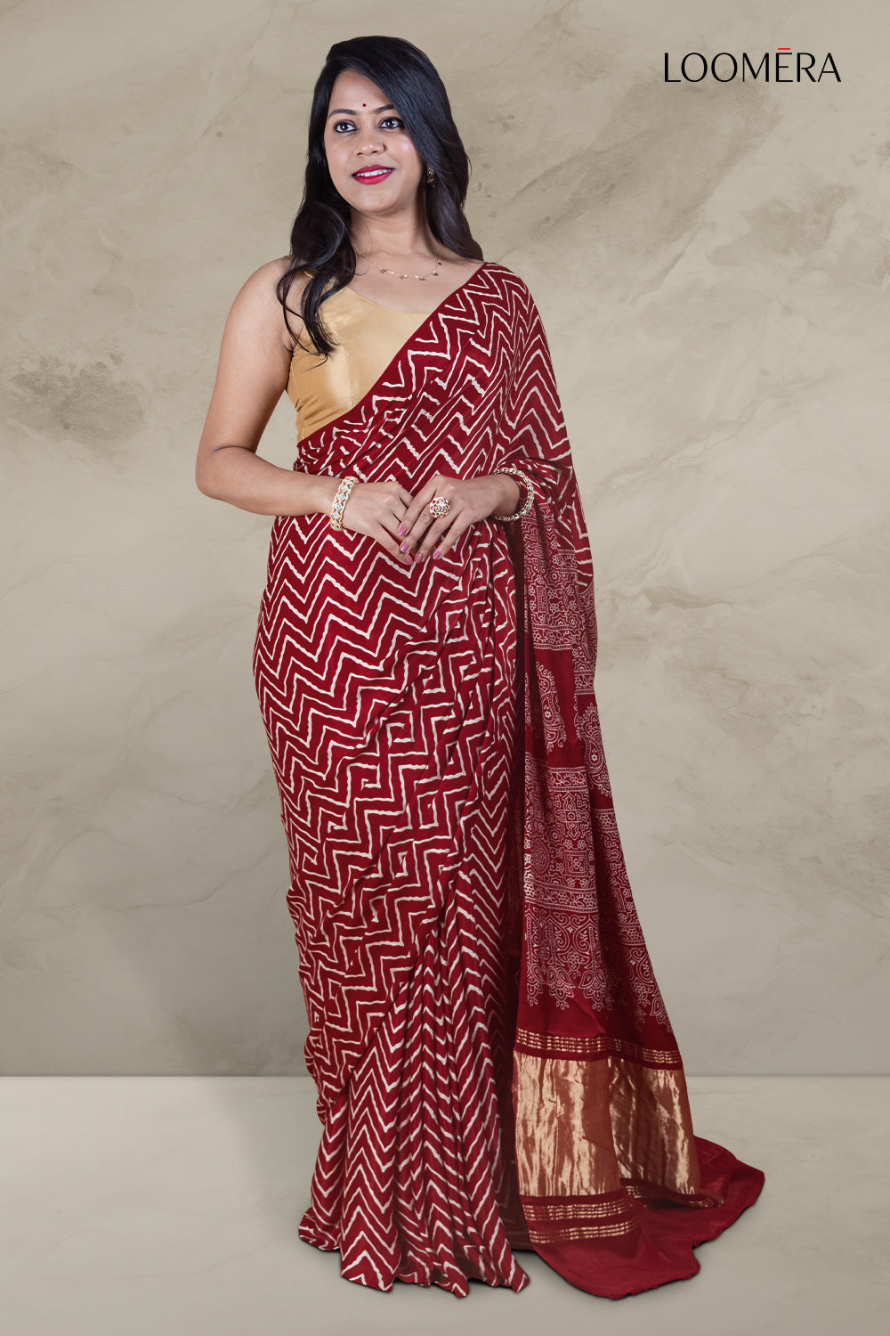Maroon Ajrakh Saree Modal Silk