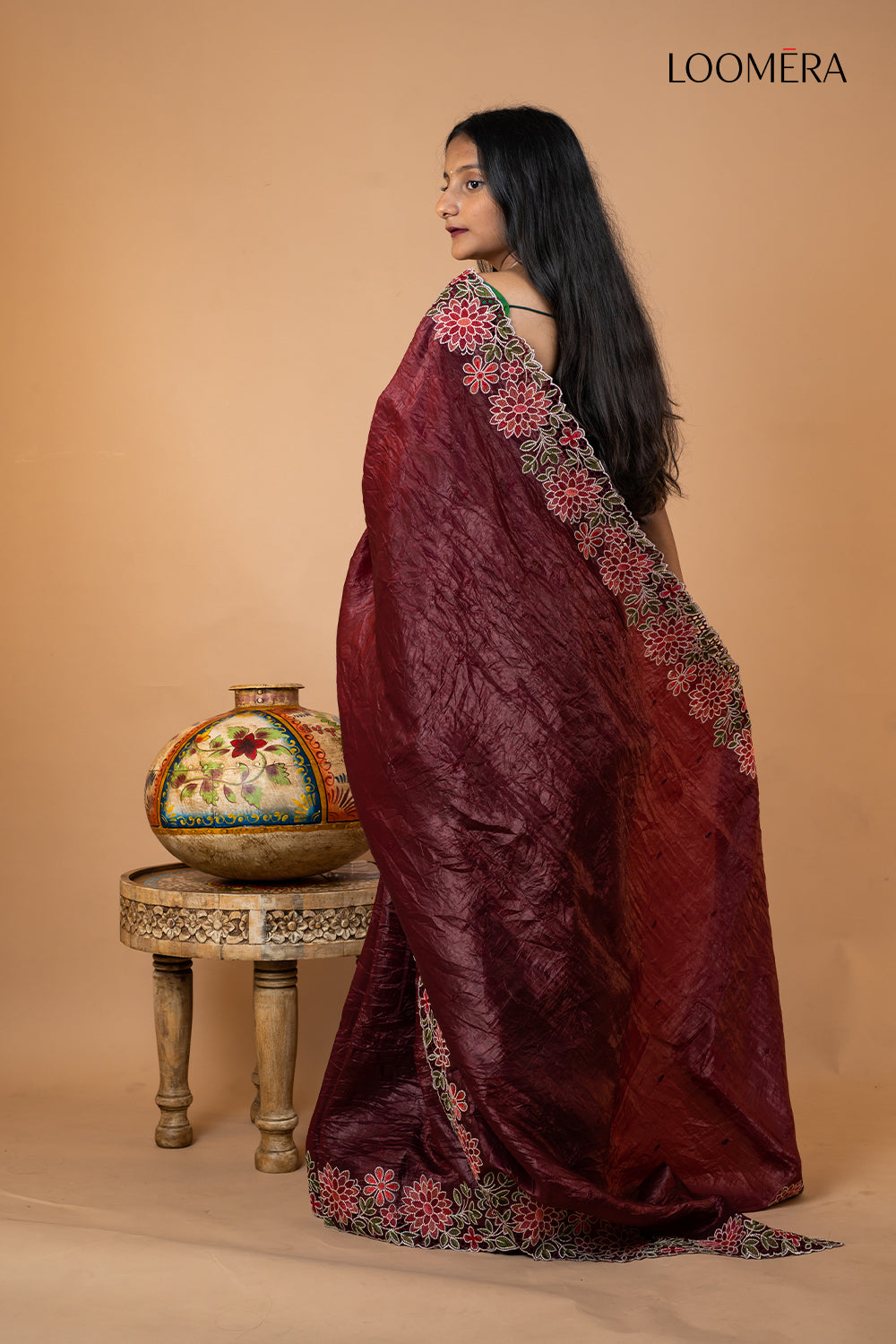 Maroon Crushed Tissue Silk Saree