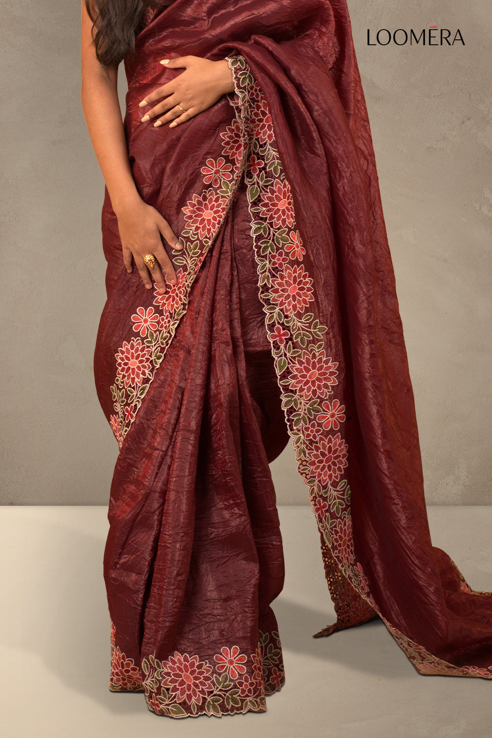 Maroon Crushed Tissue Silk Saree