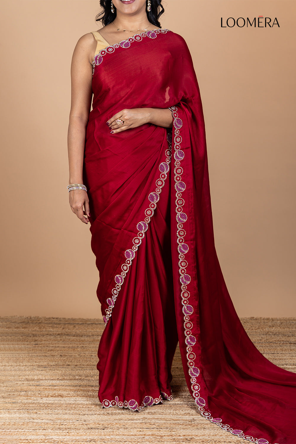 Maroon Saree with Stone Designed Border