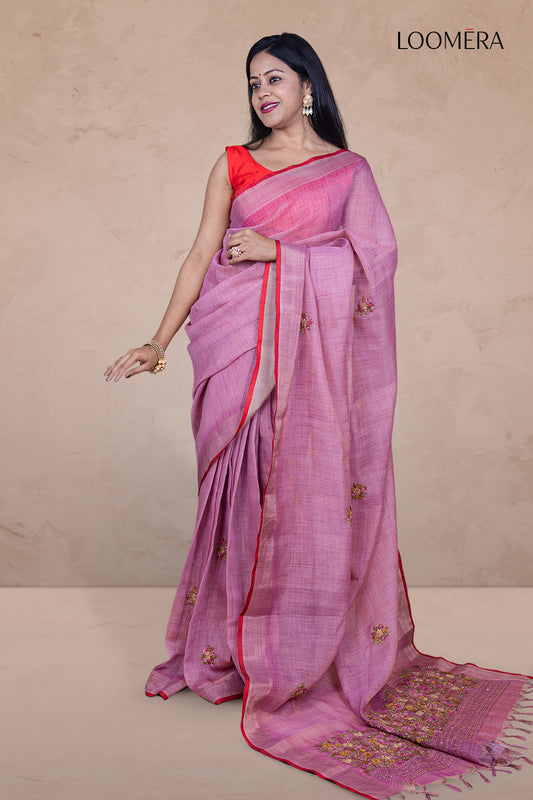 Mauve Linen Saree with Bullion Hand Embroidery