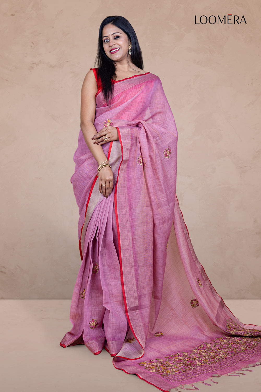 Mauve Linen Saree with Embroidery