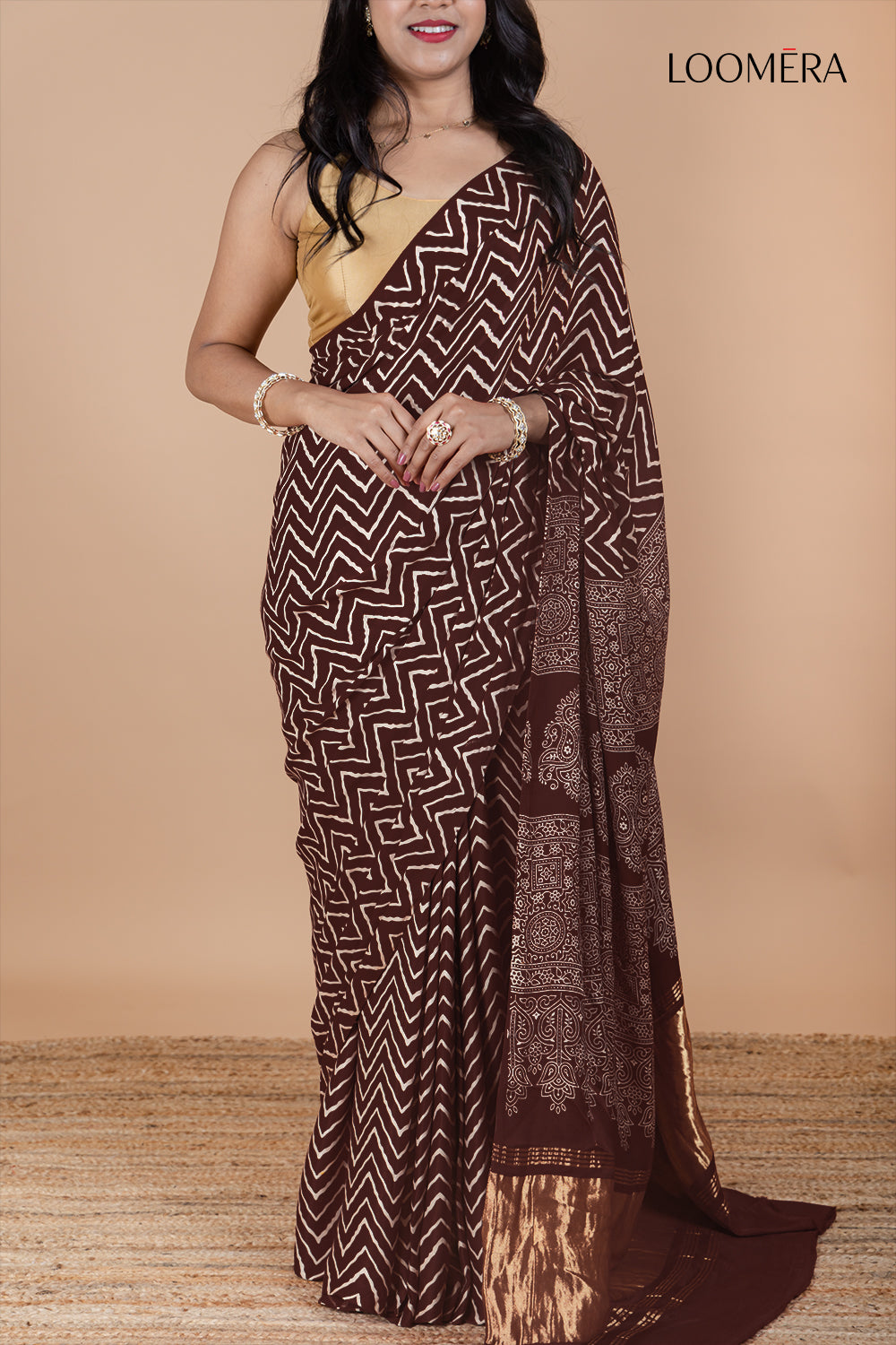 Modal Silk Brown Ajrakh Saree