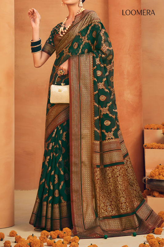 Moss Green Georgette Saree With Gold Foil Print