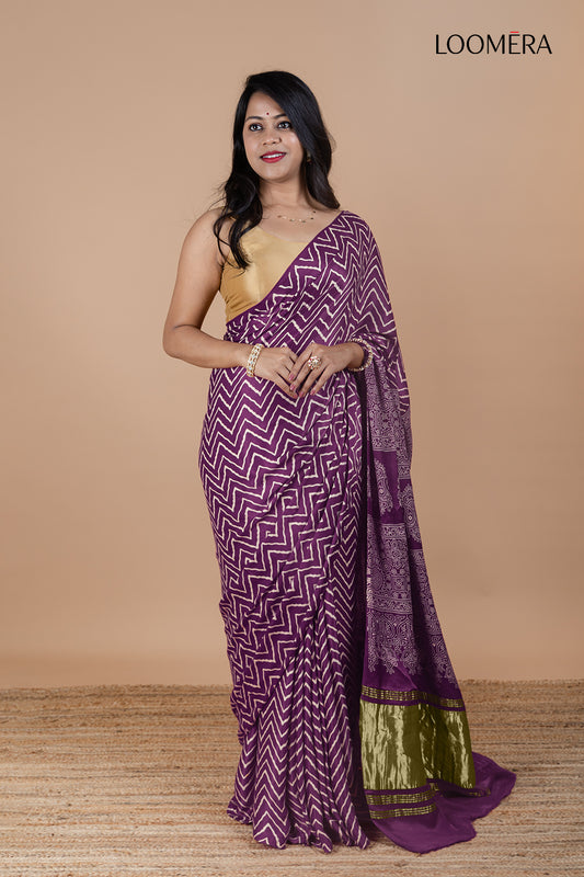 Mulberry Purple Modal Silk Saree with Hand Block Print