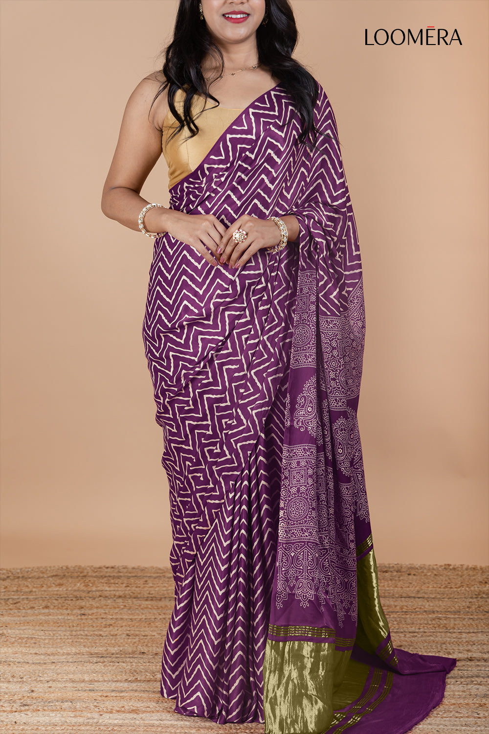 Mulberry Purple Modal Silk Saree with Hand Block Print