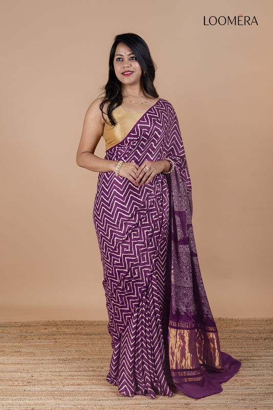 Mulberry Purple Modal Silk Saree with Hand Block Print