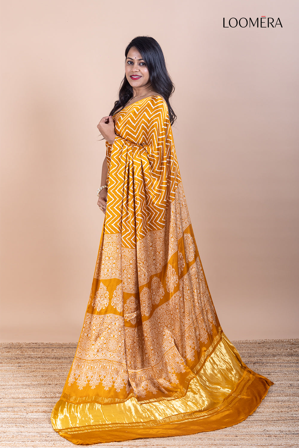 Mustard Yellow Ajrakh Modal Silk Saree