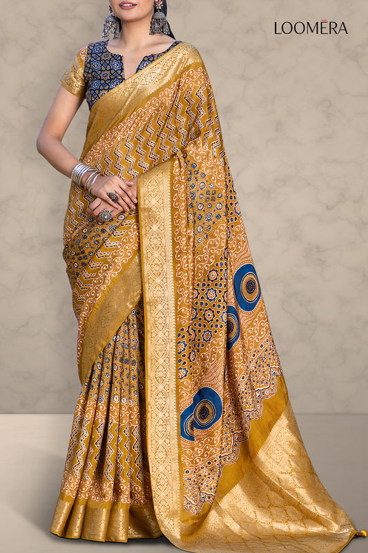 Mustard Yellow Ajrakh Printed Viscose Jari Saree
