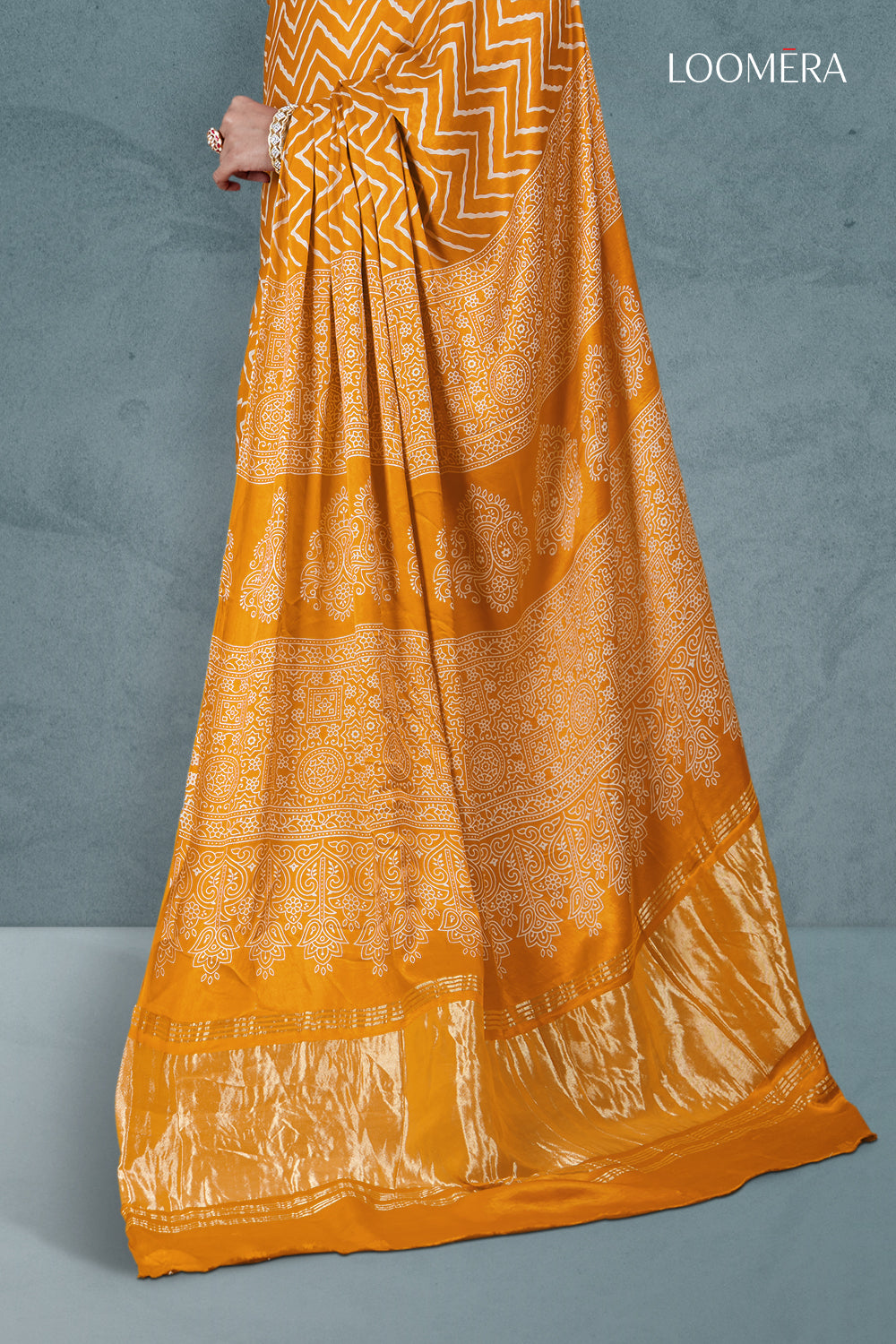 Mustard Yellow Ajrakh Saree with Block Print