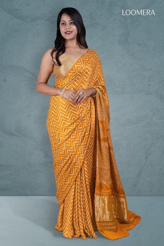 Mustard Yellow Ajrakh Saree