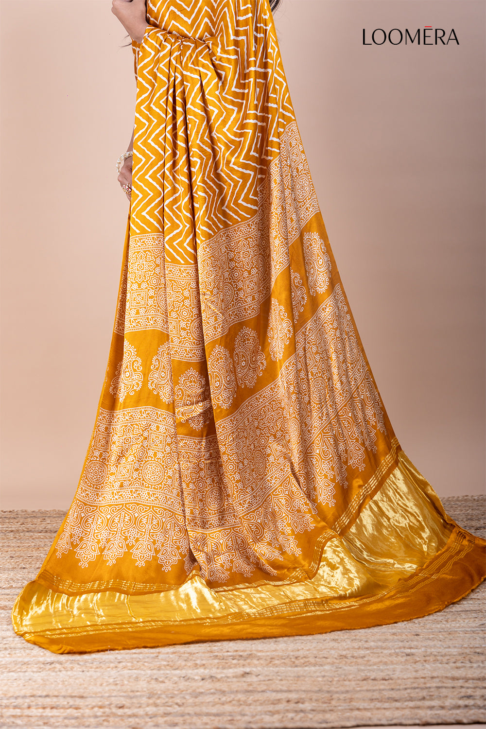 Mustard Yellow Ajrakh Silk Saree with Hand Block Print